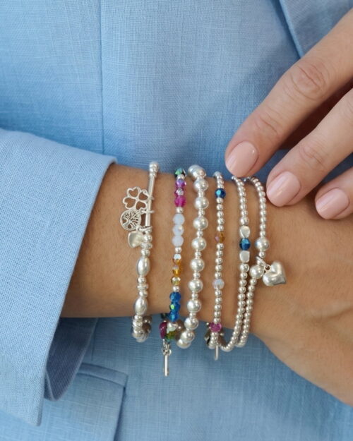 Pulsera PULSO con Cristales Preciosa® y bolas de Plata de Ley 925 combinada con otras pulseras AULINE