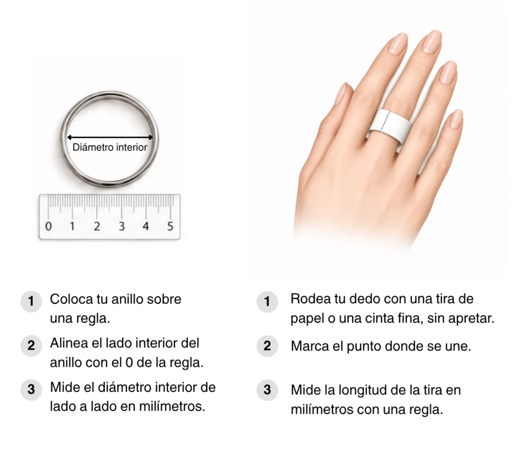 Dos formas de medir la talla de un anillo AULINE: diámetro interior y medida del dedo