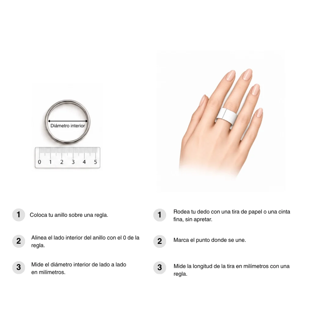Dos formas de medir la talla de un anillo AULINE: diámetro interior y medida del dedo. Foto PC.