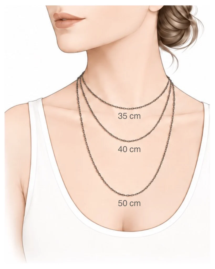 Guía de tallas de collares AULINE con longitudes de 35, 40 y 50 cm