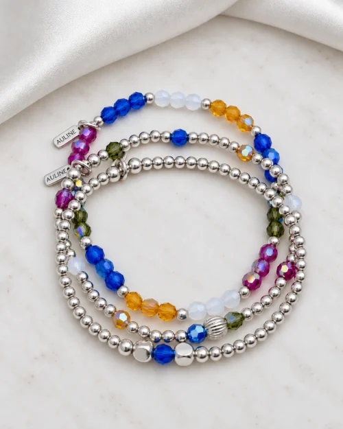 Set de tres pulseras de plata de ley 925 con cristales Preciosa® de colores, Trío Iris de AULINE